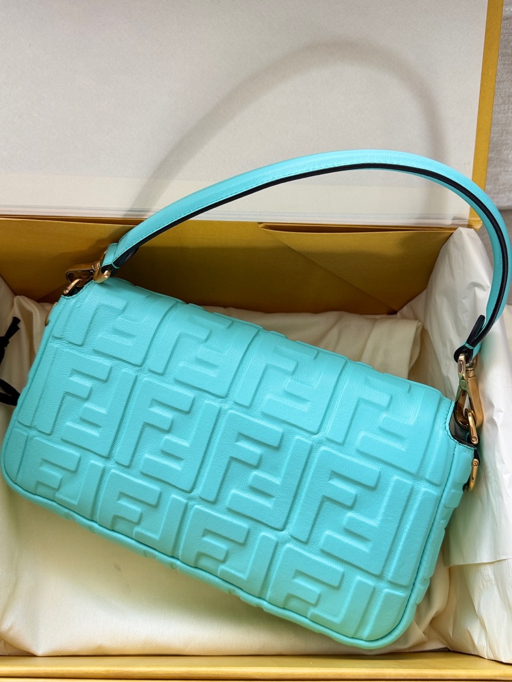 Fendi Embossed FF Baguette Shoulder Bag in Aqua - Picture 2 of 10
